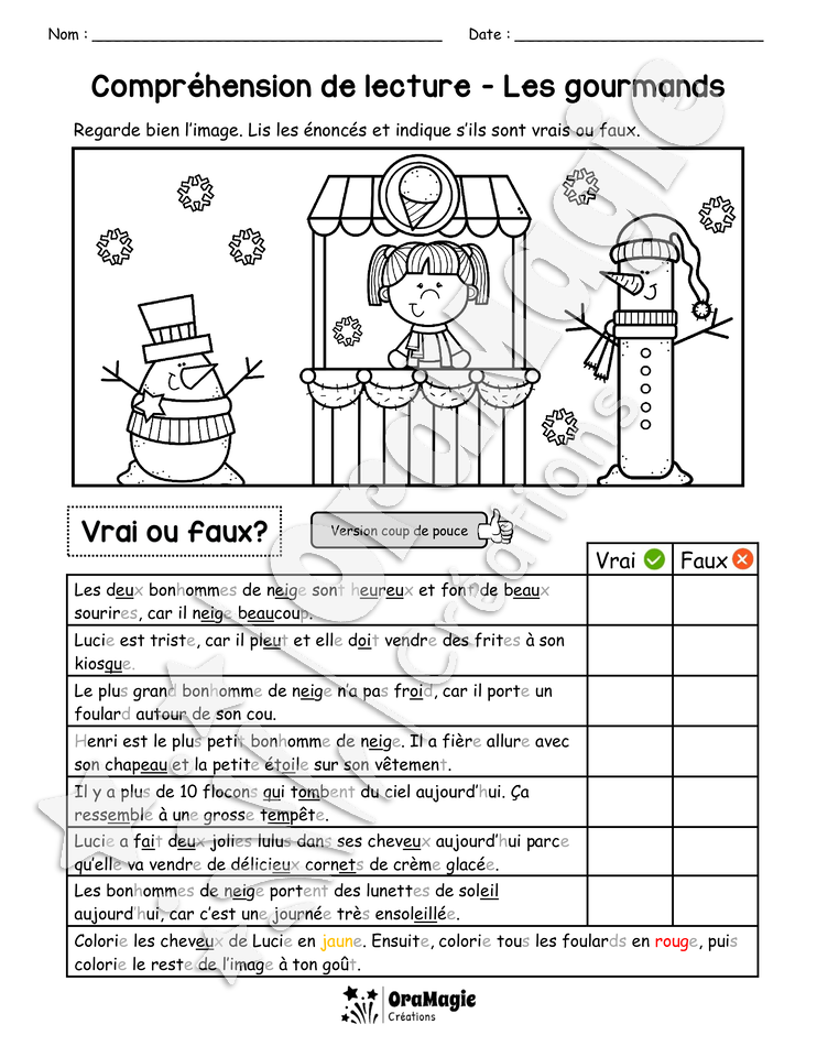 Compréhension de lecture - VRAI OU FAUX - Les gourmands
