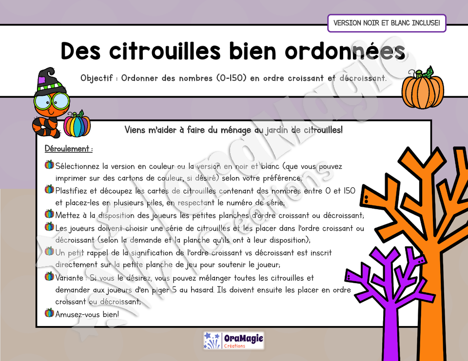 Des citrouilles bien ordonnées - Atelier 2e année - Halloween - Ordre croissant vs décroissant - NB incluse - 3$.pdf