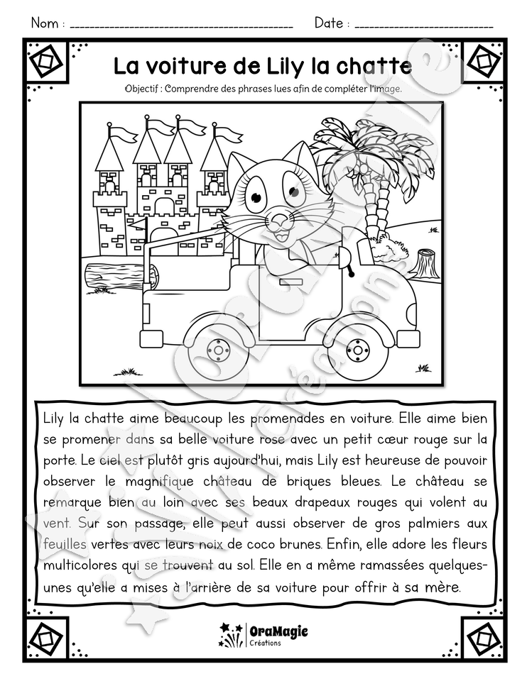 Compréhension de lecture - Lis et colorie - La voiture de Lily la chatte - 2e année.pdf