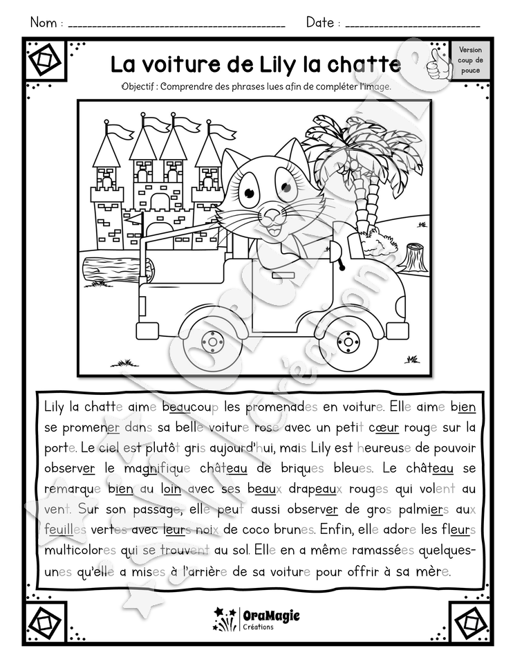 Compréhension de lecture - Lis et colorie - La voiture de Lily la chatte