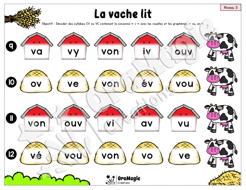 La vache lit - Décodage syllabes simples CV et VC - Graphème v et voyelles, ou, on