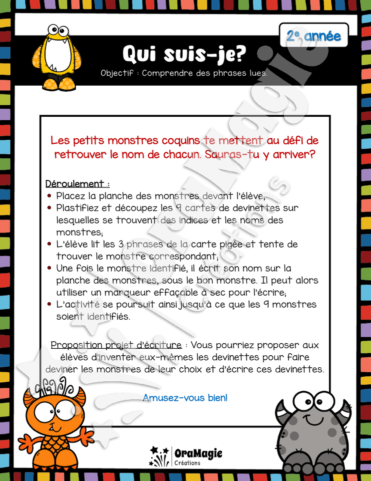 Qui suis-je - Des noms de monstres - Compréhension de lecture 2e année.pdf