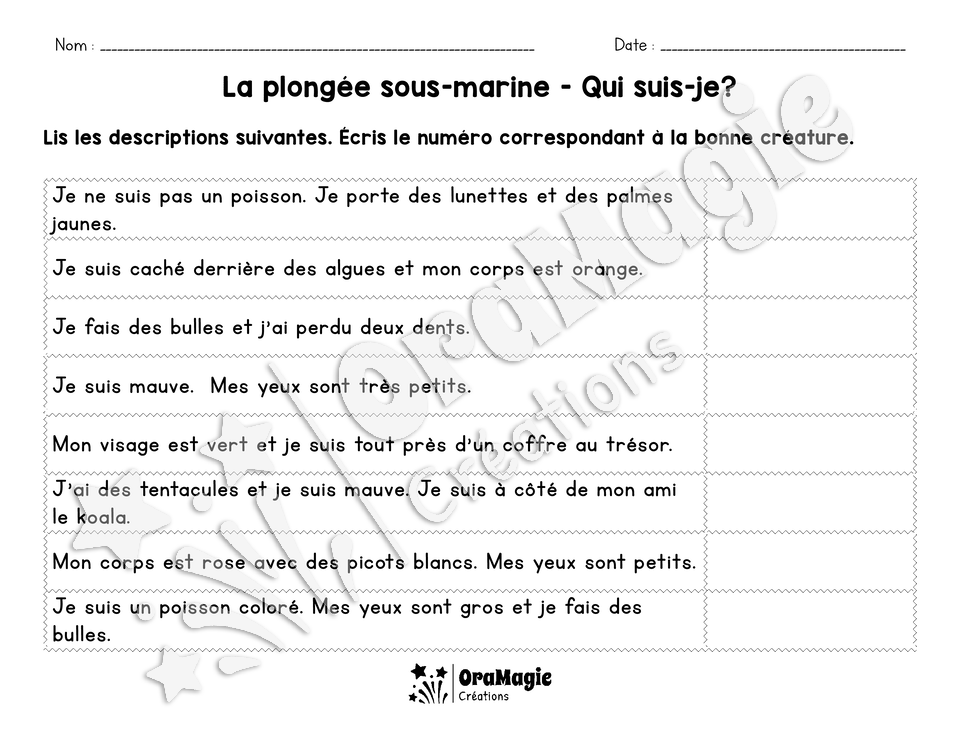 La plongée sous-marine - Compréhension de lecture scène imagée - 1re année