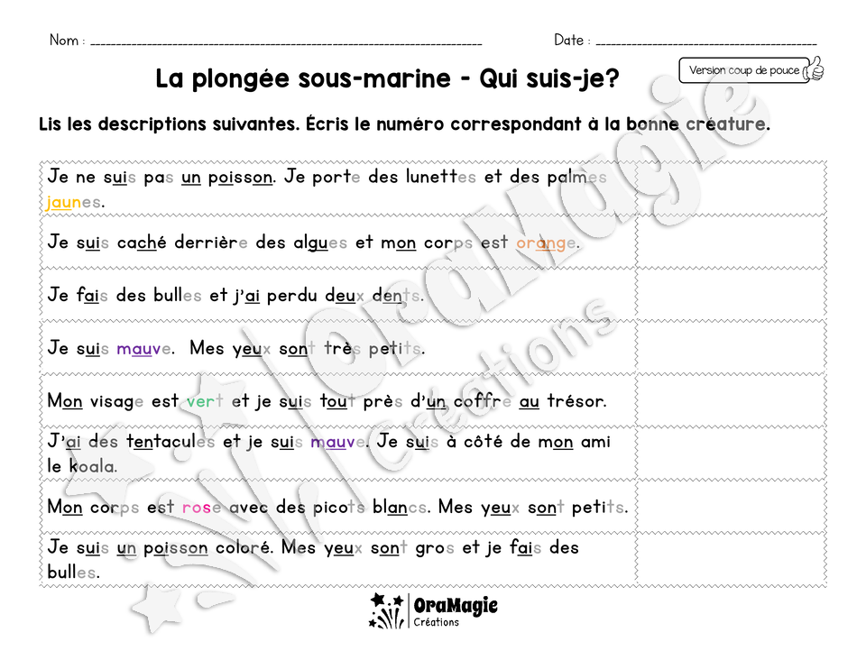 La plongée sous-marine - Compréhension de lecture scène imagée - 1re année