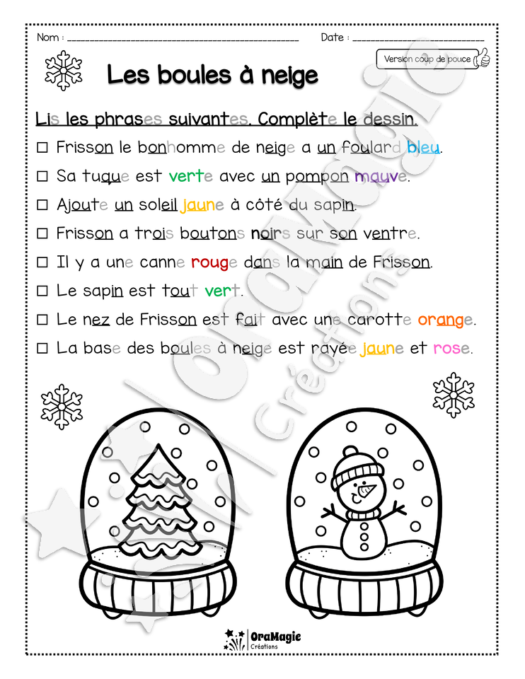 Compréhension de lecture - Lis et colorie - Les boules à neige - 1re année