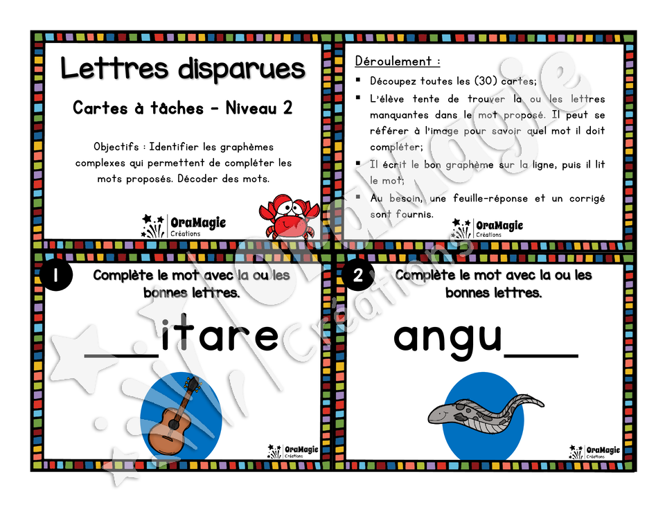 Cartes à tâches - Lettres disparues - Niveau 2 - Graphèmes complexes - Langage écrit, 2e année.pdf