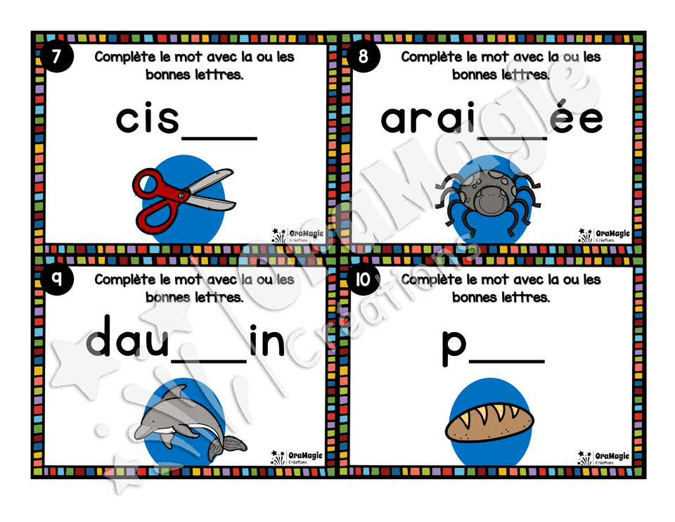 Cartes à tâches - Lettres disparues - Niveau 2 - Graphèmes complexes