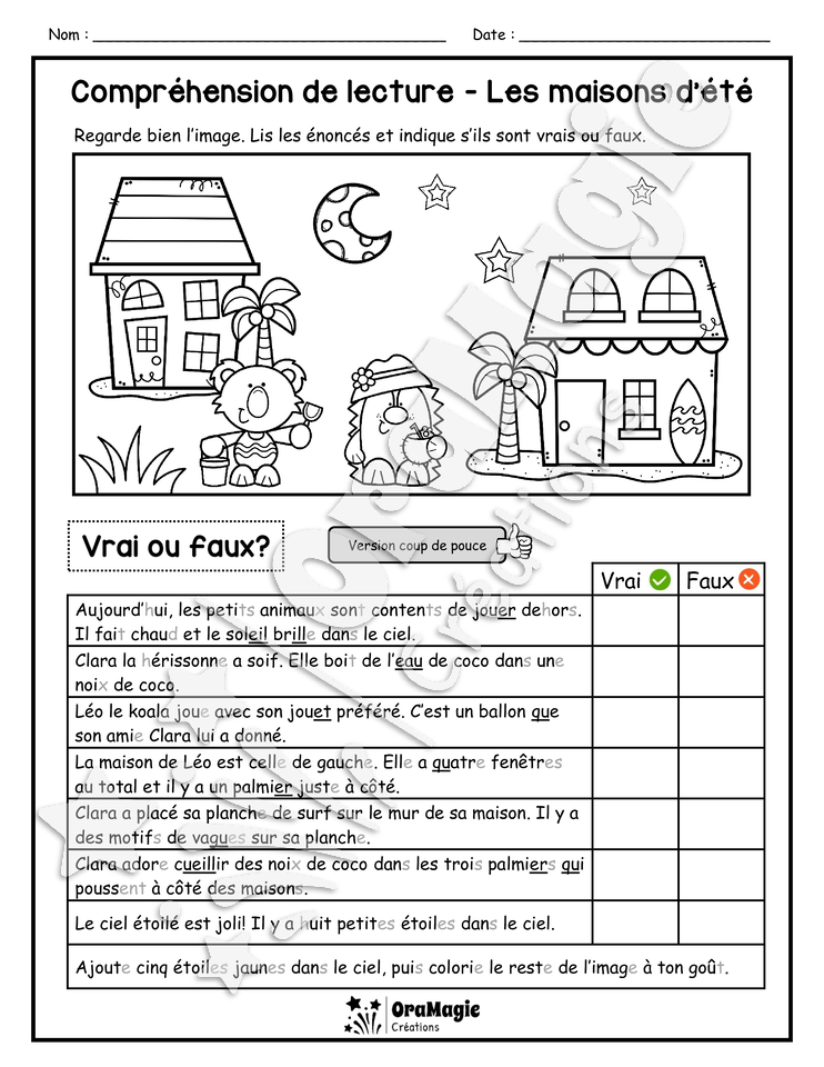 Compréhension de lecture - VRAI OU FAUX - Les maisons d'été