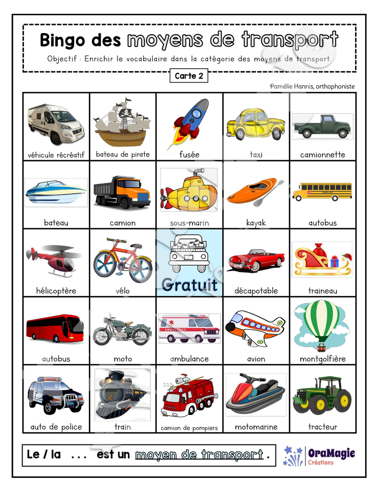 Bingo des moyens de transports - 3 cartes