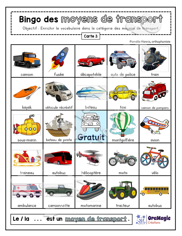Bingo des moyens de transports - 3 cartes