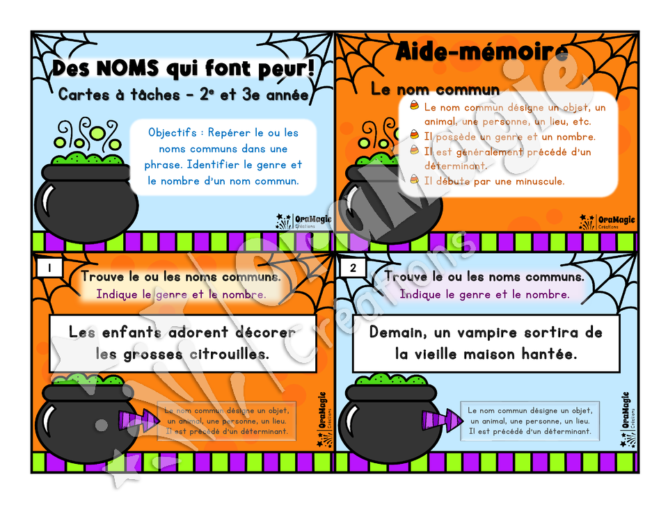 Cartes à tâches - Des noms qui font peur - Repérer les noms communs - 2e et 3e année - 6$.pdf
