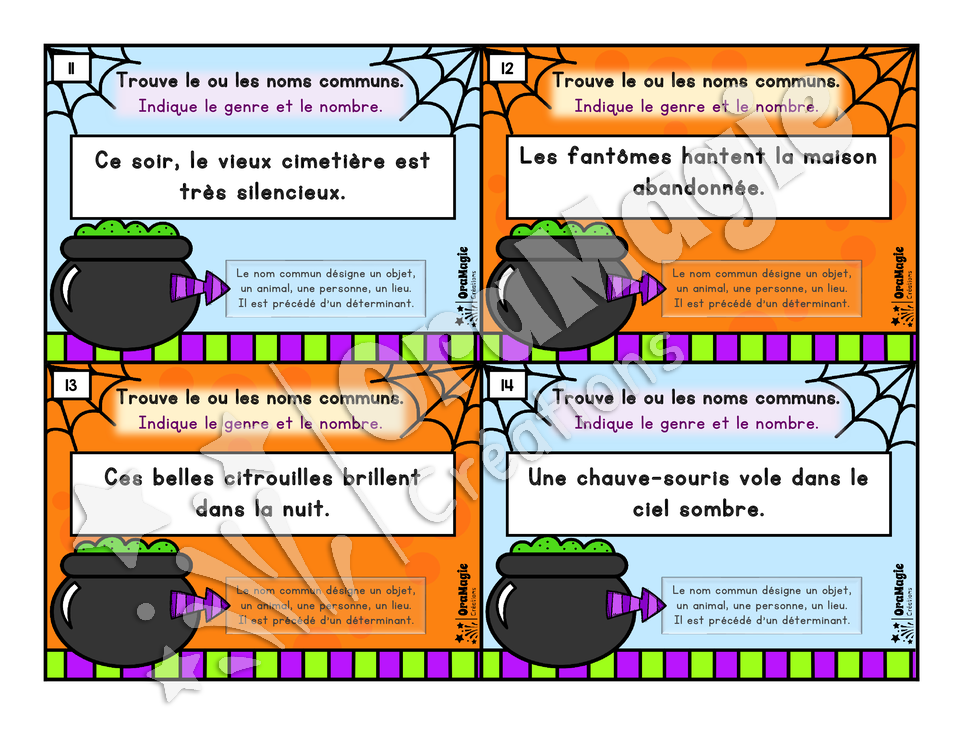 Cartes à tâches - Des noms qui font peur - Repérer les noms communs - 2e-3e année