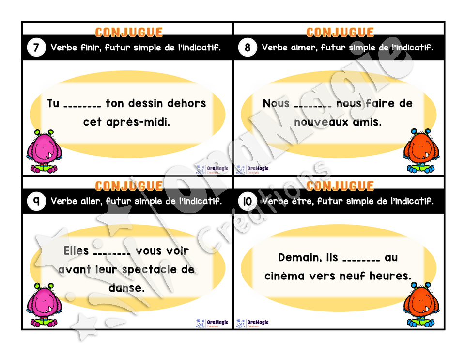 Cartes à tâches - Mon verbe en cartes - Verbes AIMER, ALLER, AVOIR, ÊTRE, FINIR futur simple de l'indicatif