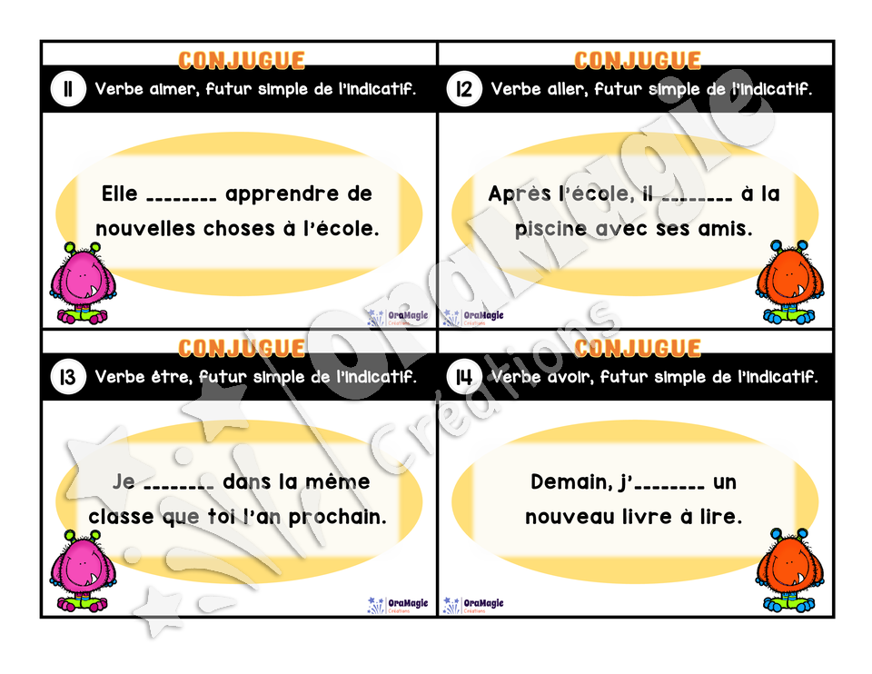 Cartes à tâches - Mon verbe en cartes - Verbes AIMER, ALLER, AVOIR, ÊTRE, FINIR futur simple de l'indicatif