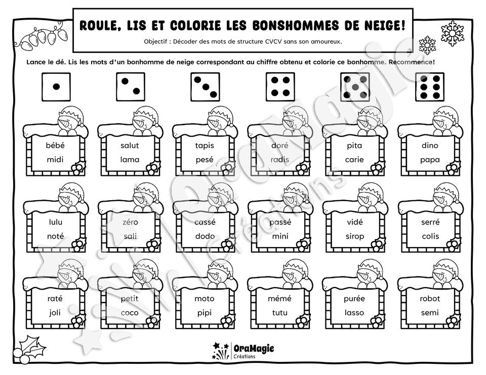 Roule, lis et colorie les bonshommes de neige - Décodage mots CVCV sans sons amoureux - Noël, 1re année, langage écrit.pdf