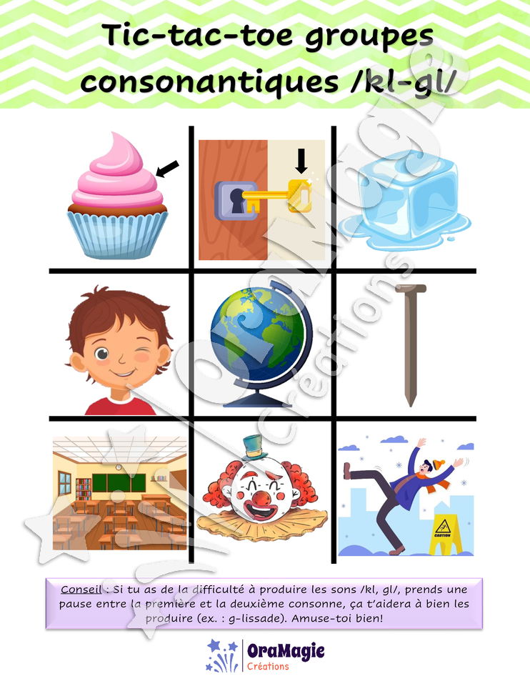 Tic-tac-toe groupes consonantiques -kl-gl-