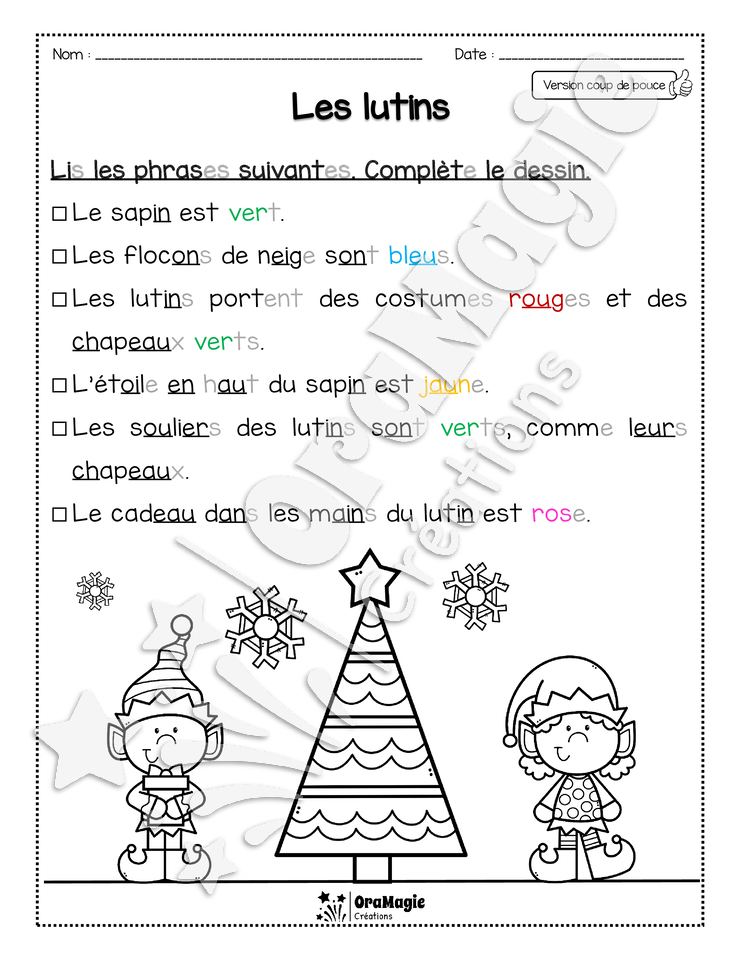 Compréhension de lecture Noël - Lis et colorie - Les lutins