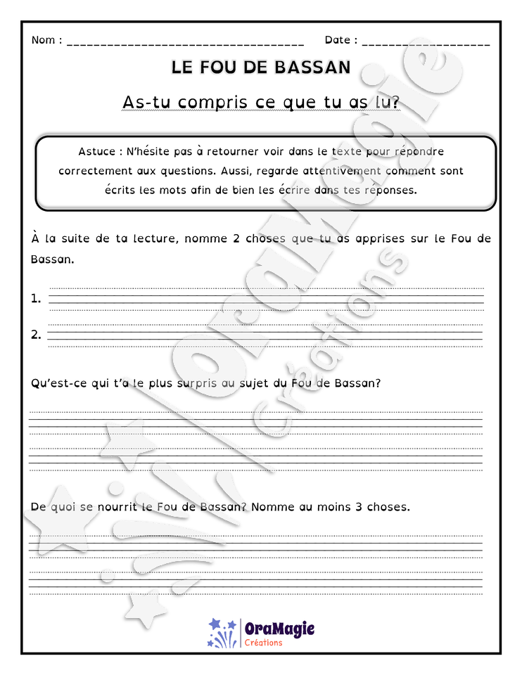 Comprendre un texte informatif - Texte le Fou de Bassan