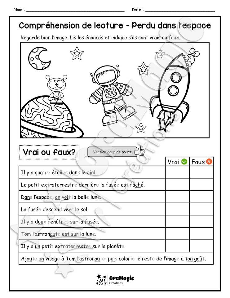 Compréhension de lecture - VRAI OU FAUX - Perdu dans l'espace