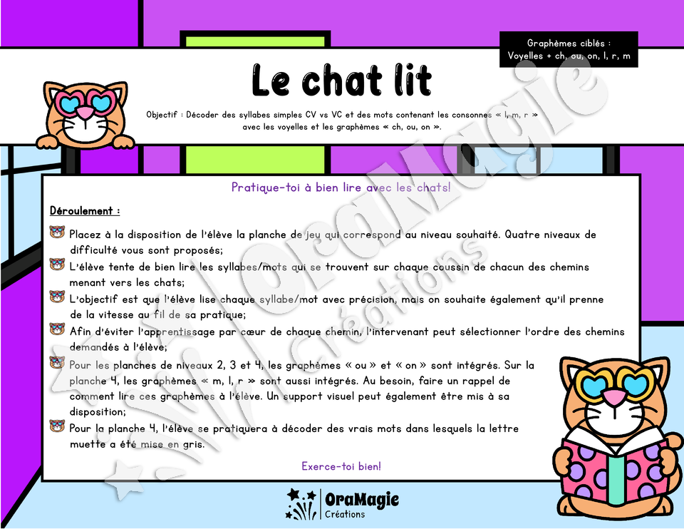 Le chat lit - Décodage syllabes simples CV et VC - 1re année et langage écrit - voyelles, ch, ou, on, l, r, m.pdf