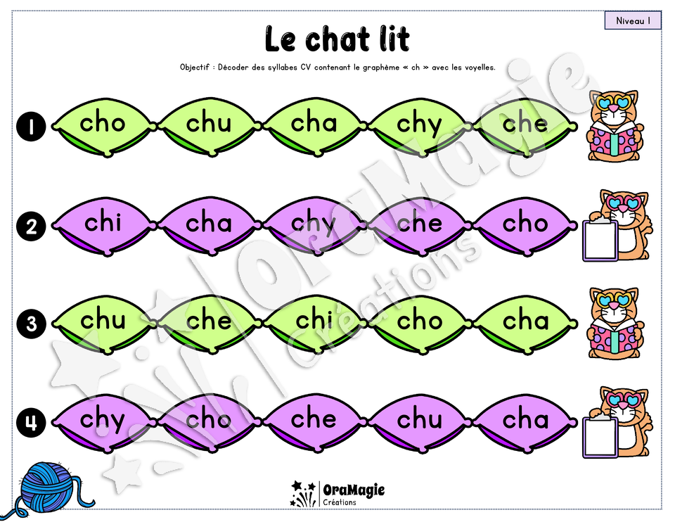 Le chat lit - Décodage syllabes simples CV et VC - voyelles, ch, ou, on, l, r, m