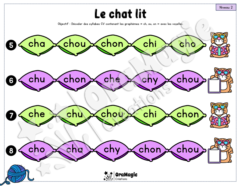 Le chat lit - Décodage syllabes simples CV et VC - voyelles, ch, ou, on, l, r, m