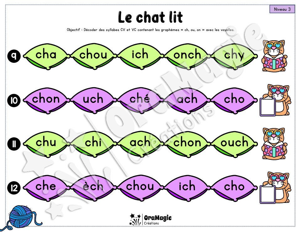Le chat lit - Décodage syllabes simples CV et VC - voyelles, ch, ou, on, l, r, m