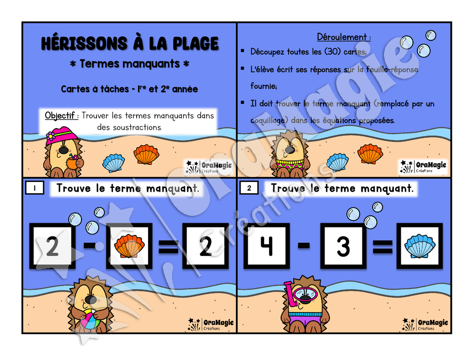 Cartes à tâches - Hérissons à la plage - Terme manquant soustraction.pdf