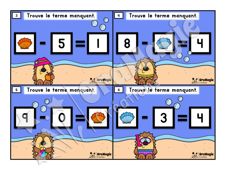 Cartes à tâches - Hérissons à la plage - Terme manquant soustraction - 1re et 2e année