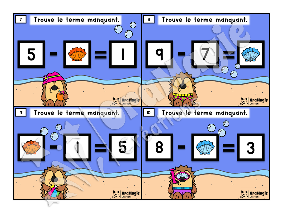 Cartes à tâches - Hérissons à la plage - Terme manquant soustraction - 1re et 2e année