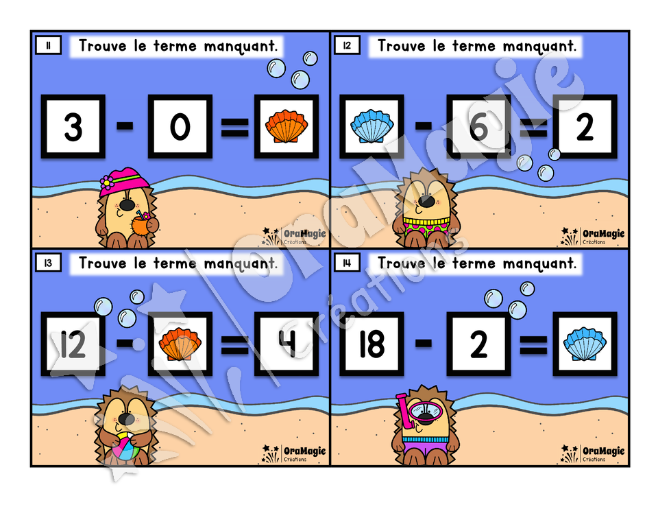 Cartes à tâches - Hérissons à la plage - Terme manquant soustraction - 1re et 2e année