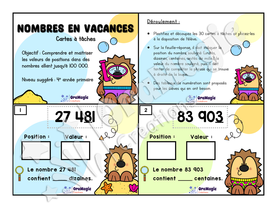 Cartes à tâches - Nombres en vacances - Valeur de position - 4e année - 5$.pdf