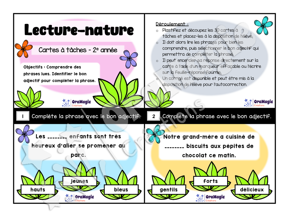 Cartes à tâches - Lecture nature - 2e année - Compréhension de lecture et adjectifs.pdf