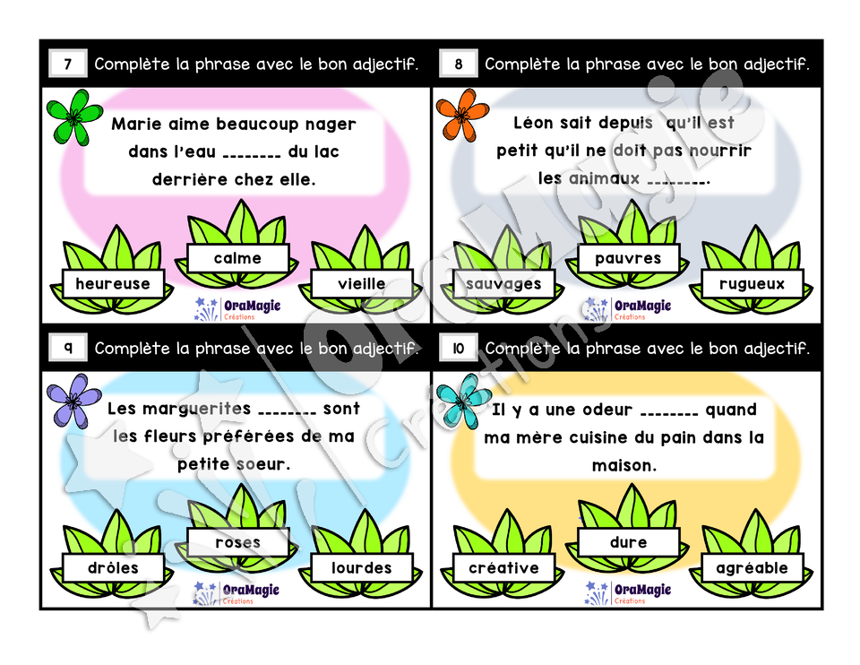 Cartes à tâches - Lecture nature - Compréhension de lecture et adjectifs