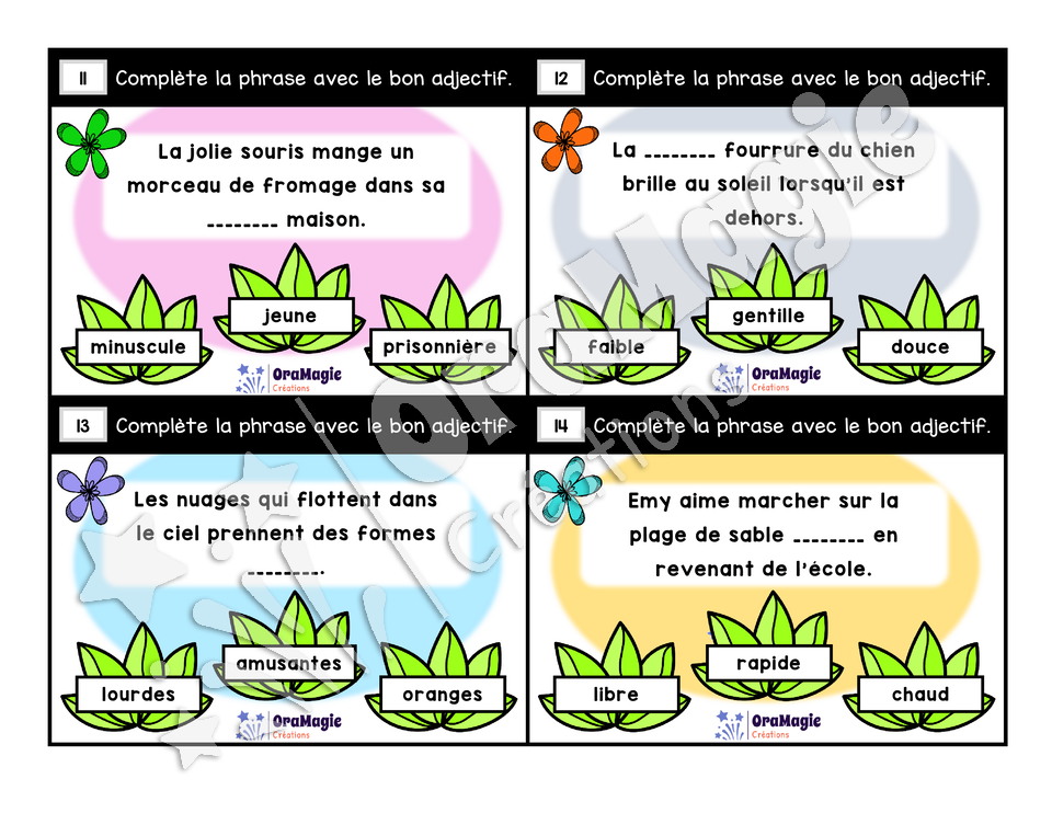 Cartes à tâches - Lecture nature - Compréhension de lecture et adjectifs