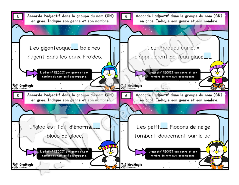 Cartes à tâches - Les adjectifs sur la banquise - Accord adjectif dans GN