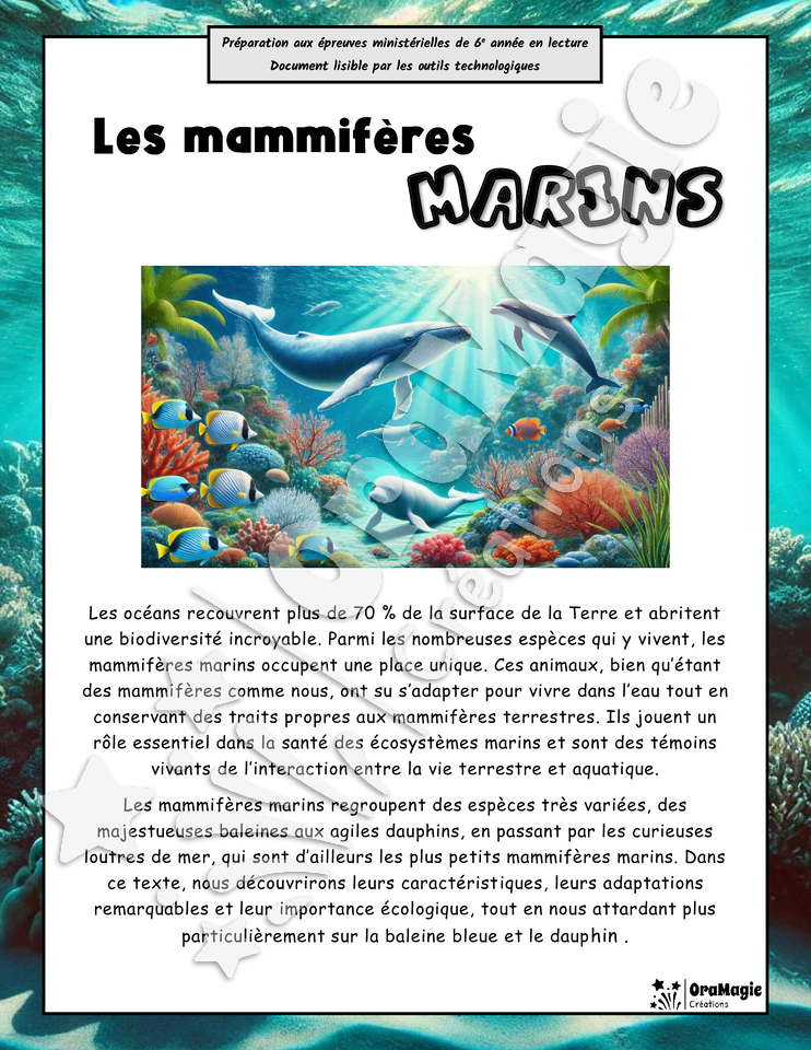 Les mammifères marins - Compréhension lecture 6e année - Texte courant - Préparation examen ministère - 5$.pdf
