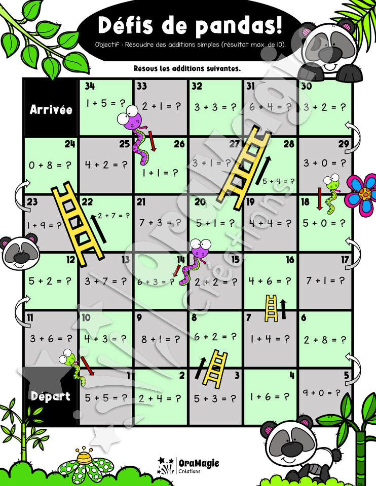 Défis de pandas! Serpents et échelles - Additions simples max 10 - 1re année.pdf