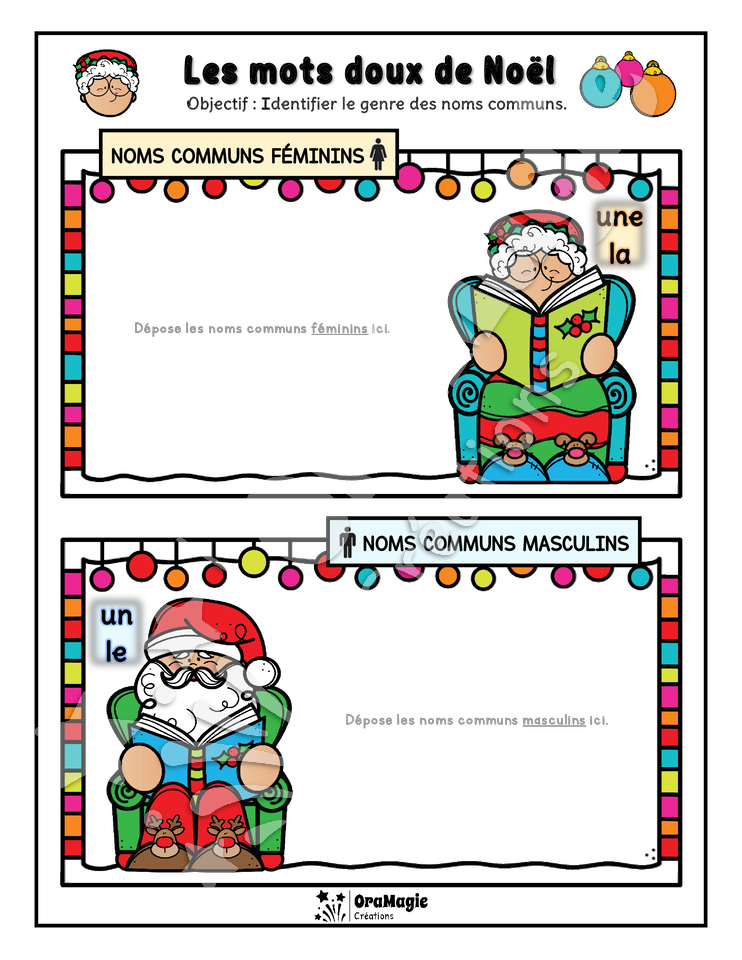 Les mots doux de Noël - Atelier sur le genre des noms communs