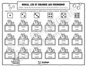 Roule, lis et colorie les poissons - Décodage mots de structure CVC-CCV AVEC sons amoureux ch, ou, ,on, in - Langage écrit, 1re année.pdf