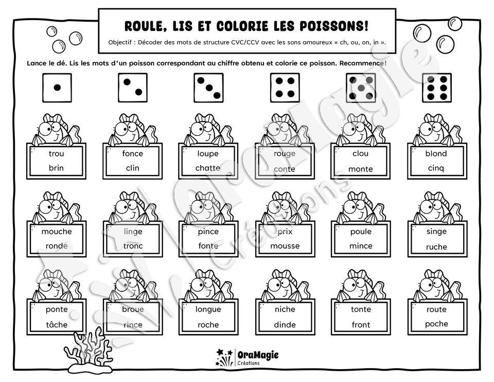 Roule, lis et colorie les poissons - Décodage mots de structure CVC-CCV AVEC sons amoureux ch, ou, ,on, in - Langage écrit, 1re année.pdf