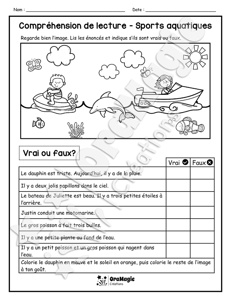 Compréhension de lecture - VRAI OU FAUX - Sports aquatiques - 1re année - 3$.pdf
