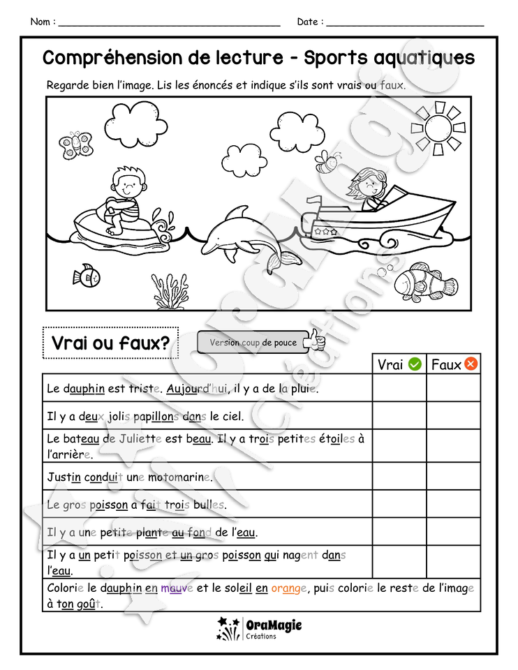 Compréhension de lecture - VRAI OU FAUX - Sports aquatiques