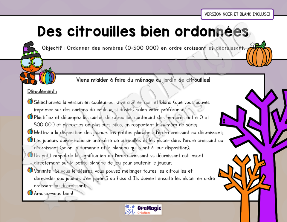 Des citrouilles bien ordonnées - Atelier 4e année - Halloween - Ordre croissant vs décroissant - NB incluse - 3$.pdf
