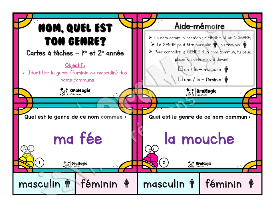 Cartes à tâches - Nom, quel est ton genre - Le genre des noms communs - 1re et 2e année primaire.pdf