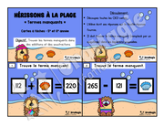 Cartes à tâches - Hérissons à la plage - Terme manquant addition et soustraction.pdf