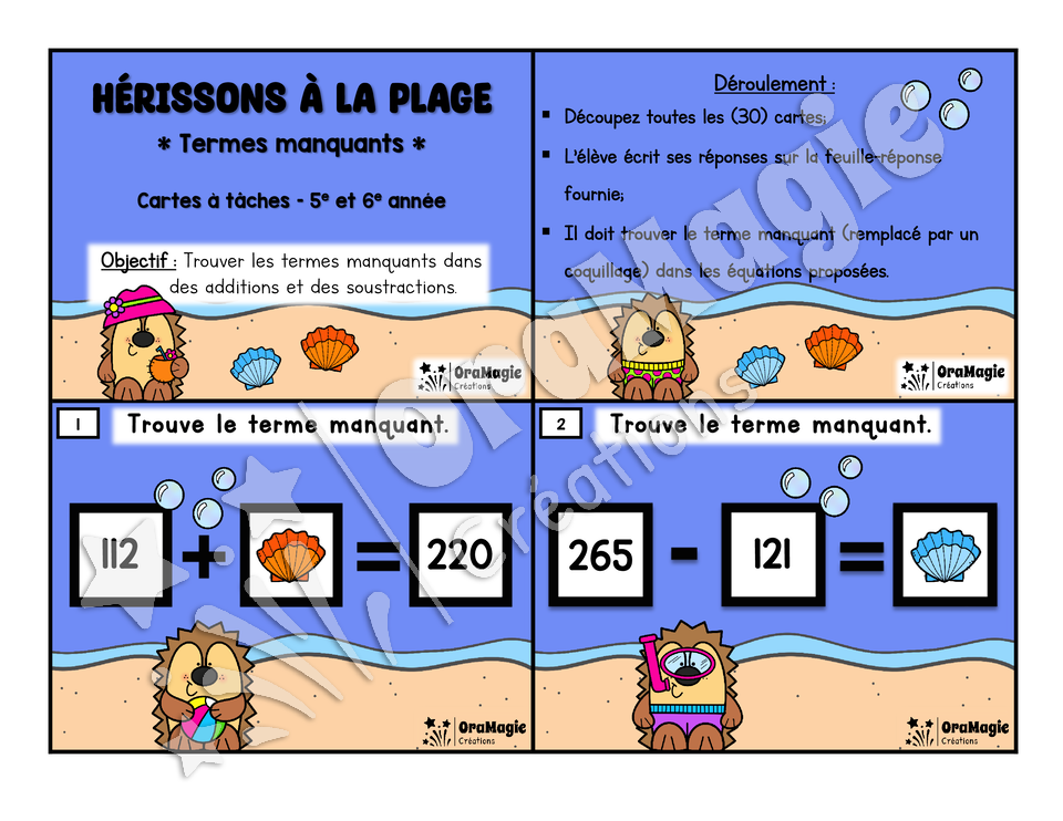 Cartes à tâches - Hérissons à la plage - Terme manquant addition et soustraction.pdf