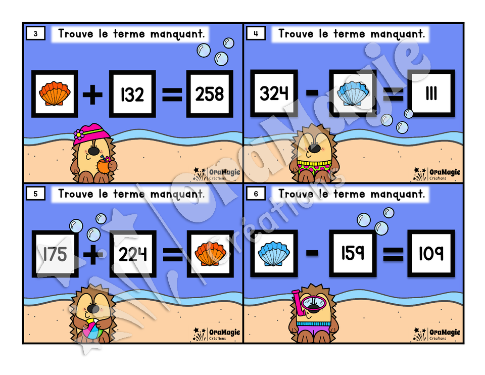 Cartes à tâches - Hérissons à la plage - Terme manquant addition et soustraction - 5e et 6e année