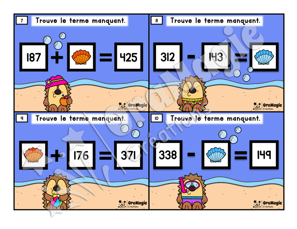 Cartes à tâches - Hérissons à la plage - Terme manquant addition et soustraction - 5e et 6e année
