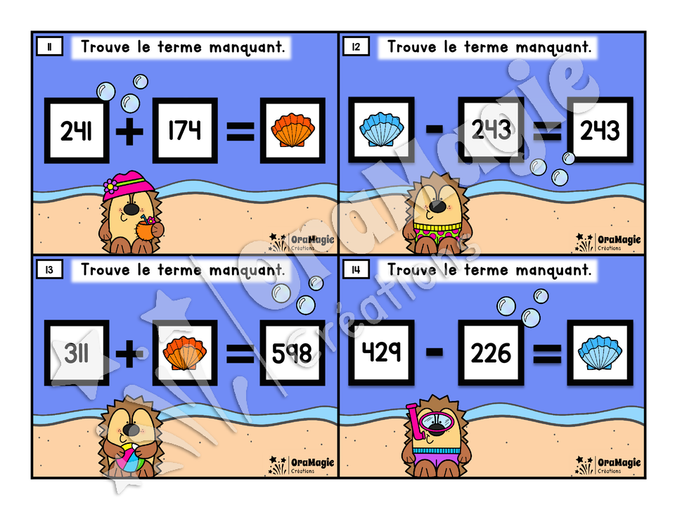 Cartes à tâches - Hérissons à la plage - Terme manquant addition et soustraction - 5e et 6e année